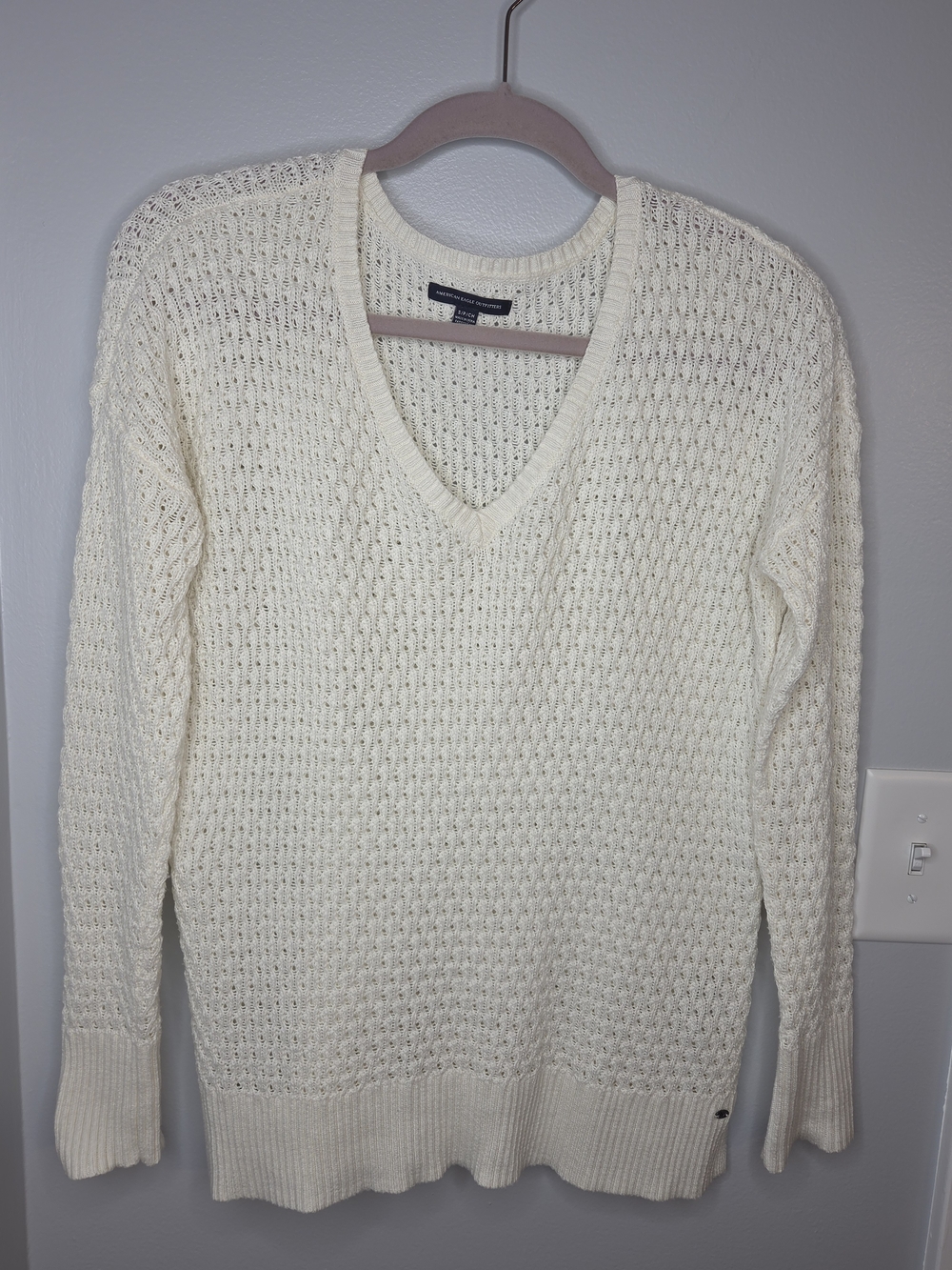 American Eagle Outfitters Cream Open-Weave Knit Pullover